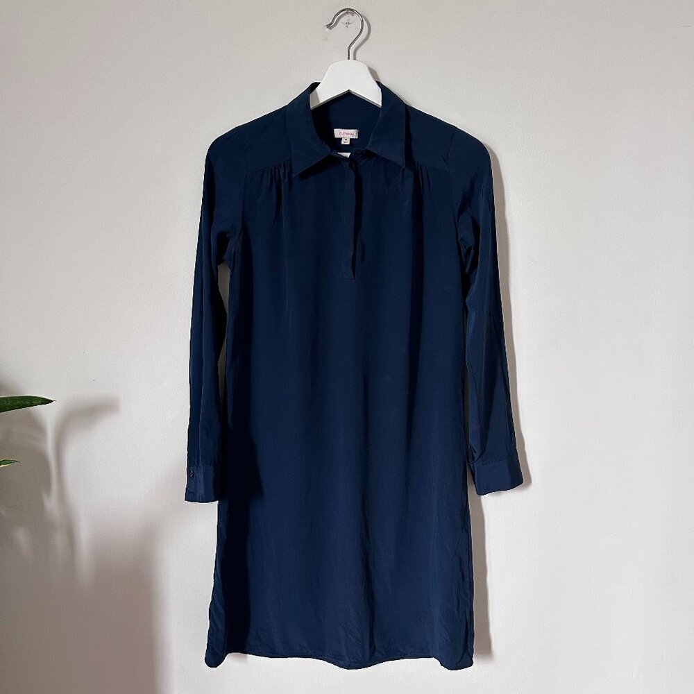 Cuyana Navy 100% Silk Shirt Dress Long Sleeve Size XS